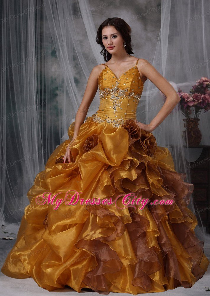 Ball Gown Spaghetti Straps Organza Beading Sweet 15 Dress